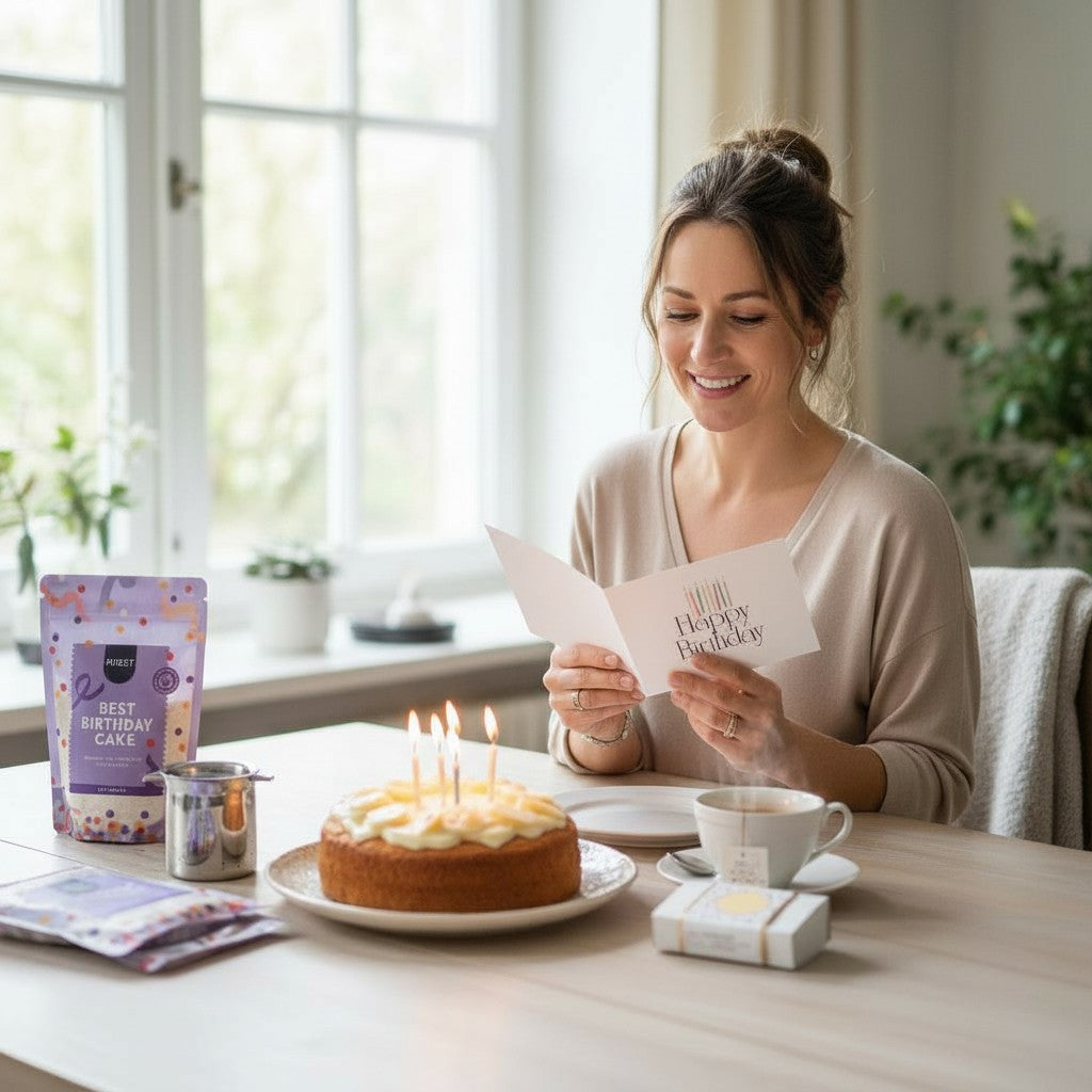 Lifestyle scene of a woman celebrating her birthday with a homemade cake, greeting card, and Coral & Clay Birthday Moments Gift items including cake mix and tea.