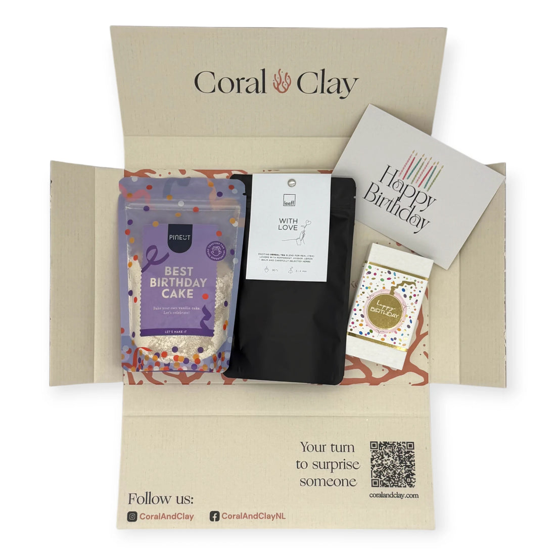 Coral & Clay Birthday Moments Letterbox Gift displayed with Best Birthday Cake mix, With Love herbal tea, birthday chocolate bar, and a Happy Birthday greeting card.