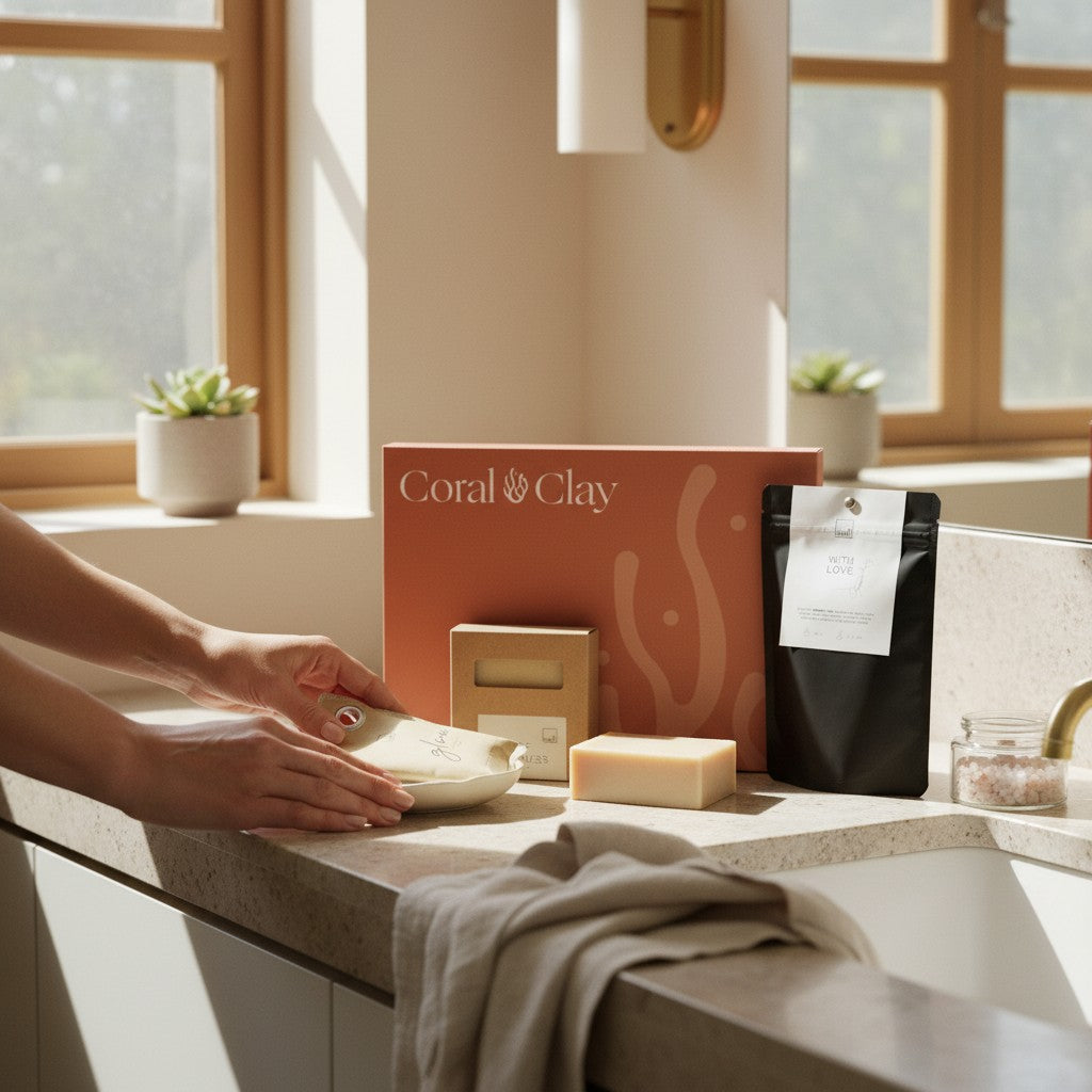 Lifestyle scene of the Coral & Clay Body & Mind Gift on a bathroom counter with soap, tea, and scented sachets arranged beside the signature letterbox.
