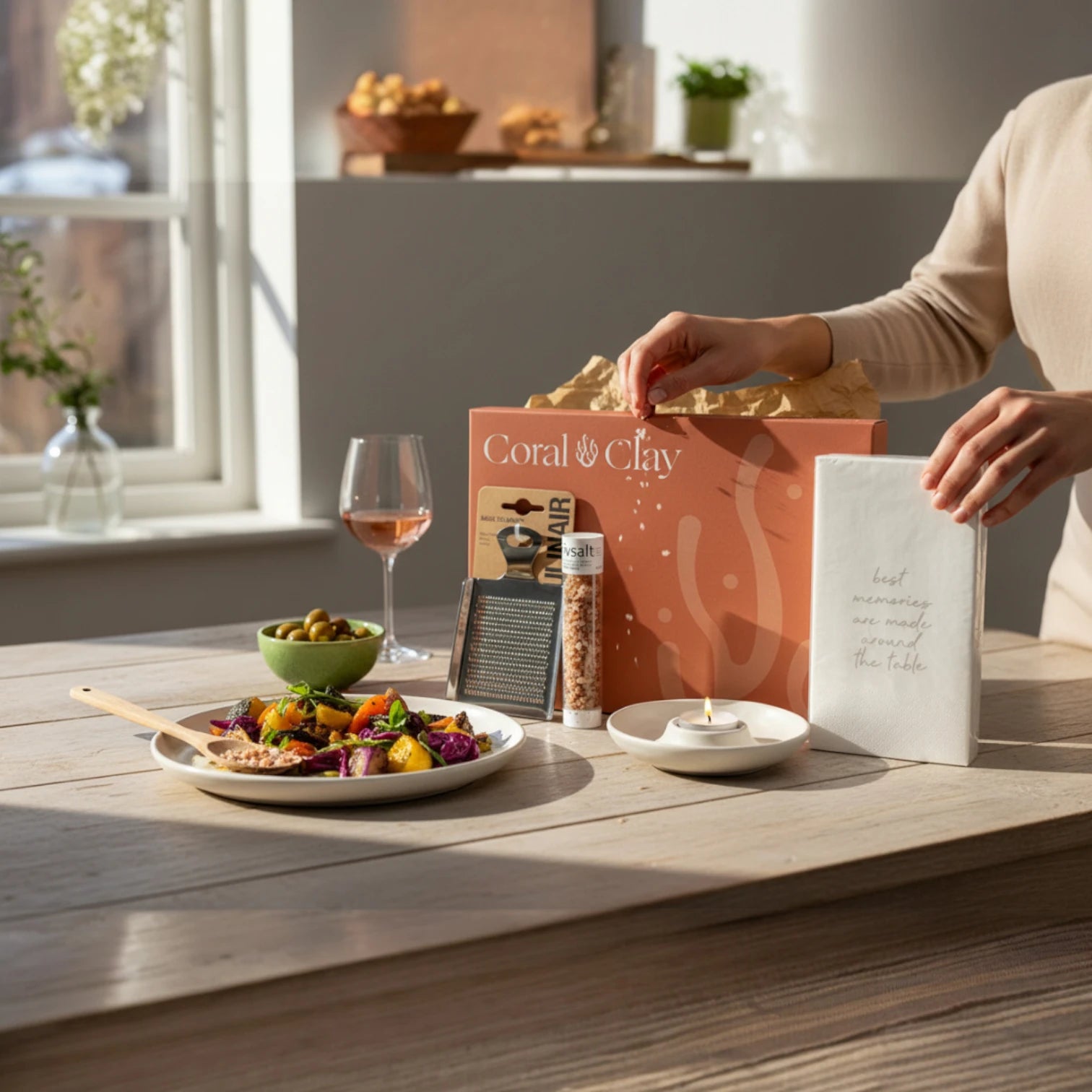 Person opening the Coral & Clay Candlelight Dinner Letterbox Gift on a kitchen table, with plated food, wine, and the Rivsalt chili, grater, napkins, and tealight holder displayed.