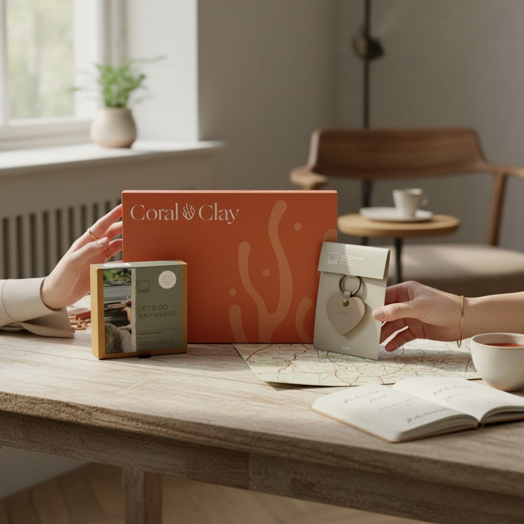 Lifestyle scene with Coral & Clay On the Go Letterbox Gift, featuring the Leeff car fragrance and leather keychain on a travel-inspired table setting with maps and notebooks.
