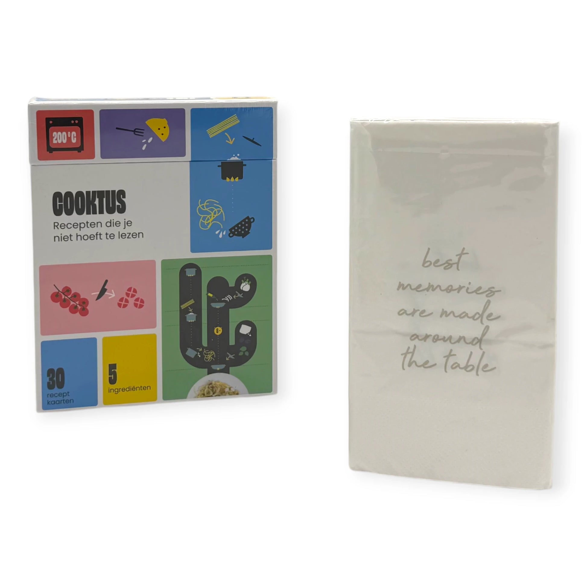 Cooktus recipe deck and Leeff napkins displayed together as the contents of the Coral & Clay Dinner Moments Letterbox Gift.