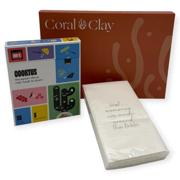 Coral & Clay Dinner Moments Letterbox Gift featuring the Cooktus recipe deck, Leeff napkins, and the premium coral-coloured letterbox packaging.