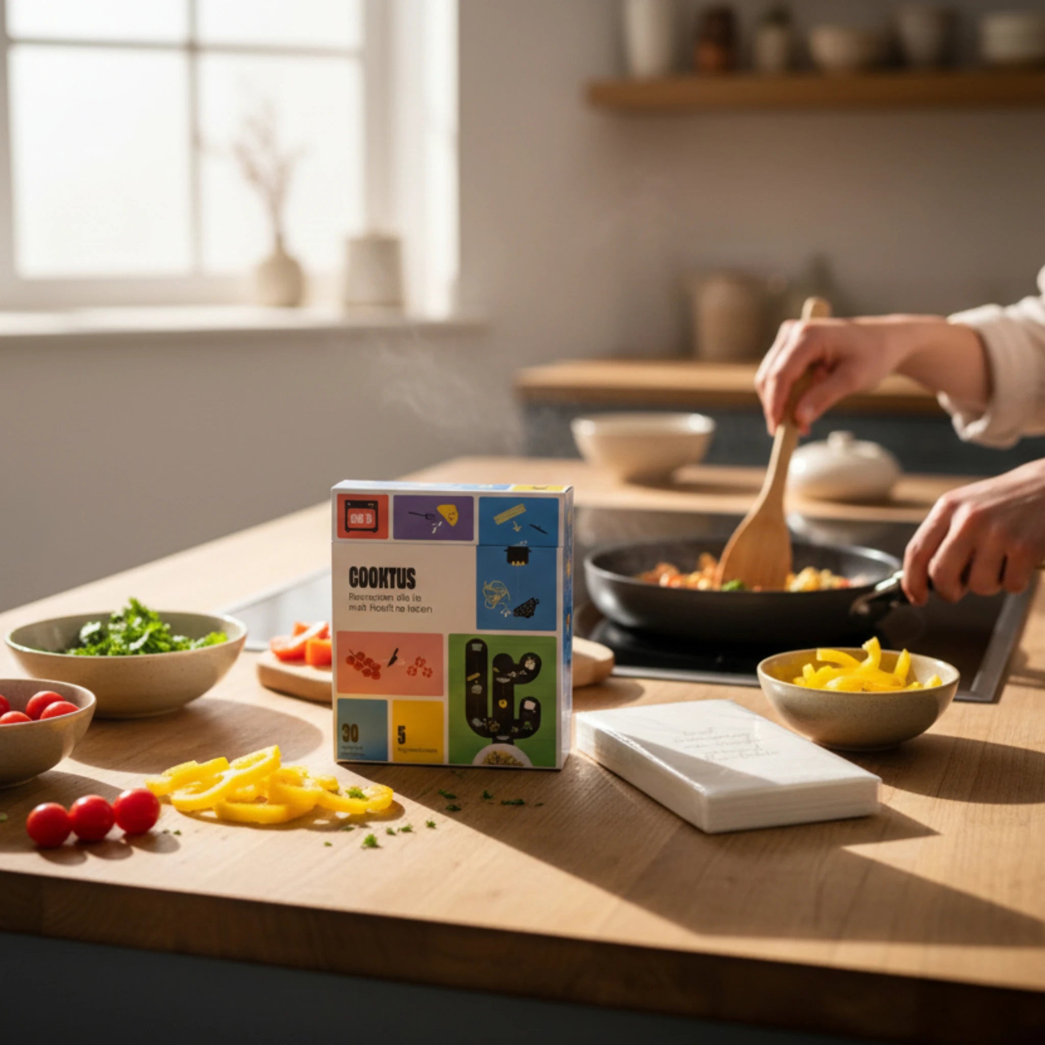 Lifestyle scene showing the Cooktus recipe deck and Leeff napkins on a kitchen counter while someone cooks, representing the Coral & Clay Dinner Moments Gift in use.