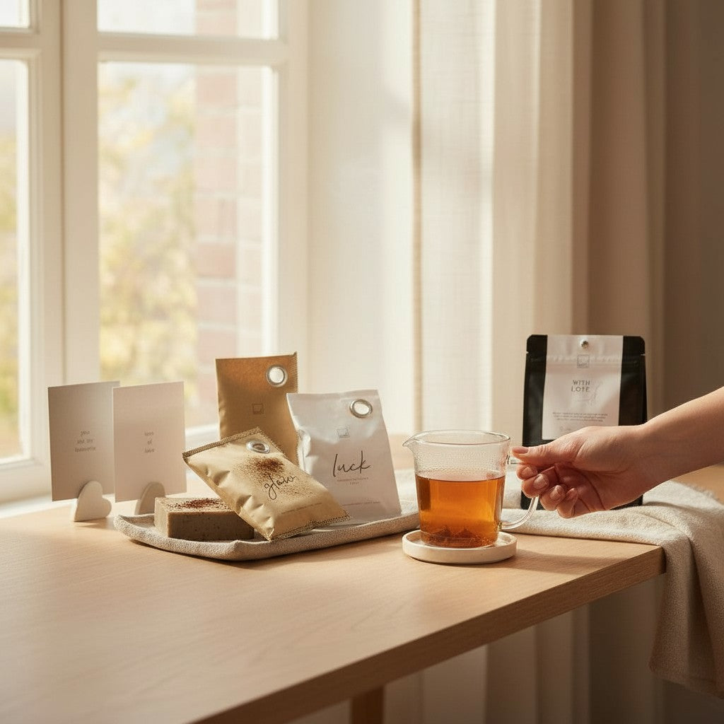 Lifestyle scene with Leeff sachets, herbal tea, and message cards arranged on a wooden table beside a cup of freshly brewed tea.