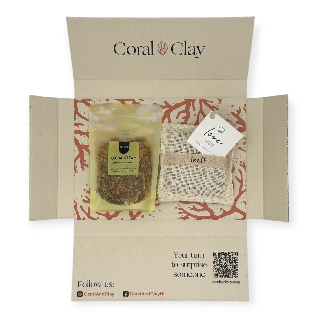 Coral & Clay Calm Moments Letterbox Gift displayed with a Leeff ‘Hug’ scented sachet and Pineut chamomile peppermint facial steam.