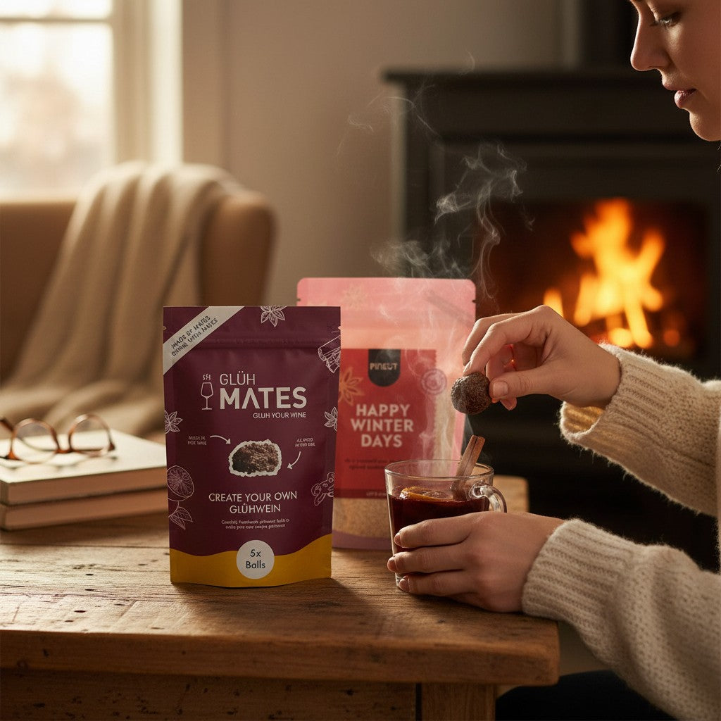 Lifestyle scene of a person preparing mulled wine using Glüh Mates, with Pineut Happy Winter Days cookie mix nearby and a warm fireplace in the background.