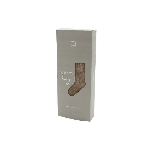Leeff Warm Hug wool socks in sand, size 42–46, shown in their carton.