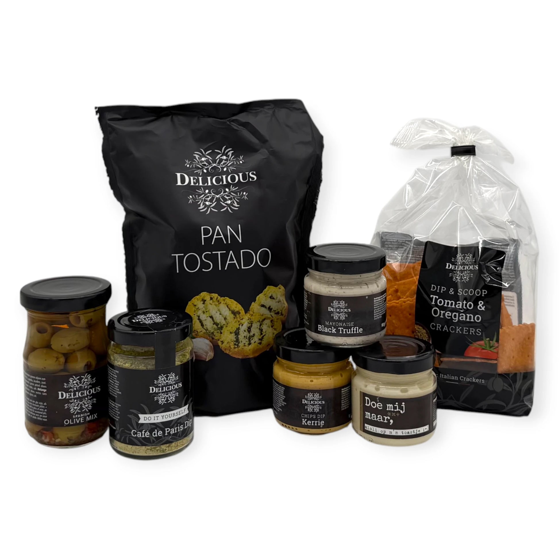 Dutch Borrel Signature Gift — selection of Delicious brand borrel snacks including Pan Tostado, Tomato & Oregano Crackers, olives, and assorted dips on a white background.