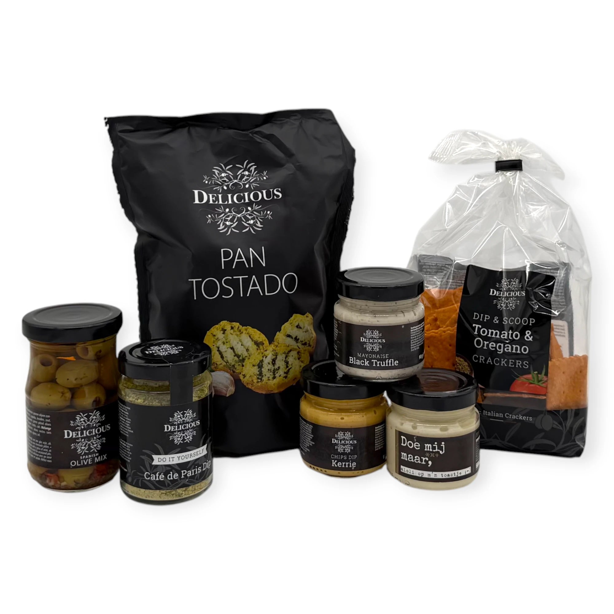 Dutch Borrel Signature Gift — selection of Delicious brand borrel snacks including Pan Tostado, Tomato & Oregano Crackers, olives, and assorted dips on a white background.