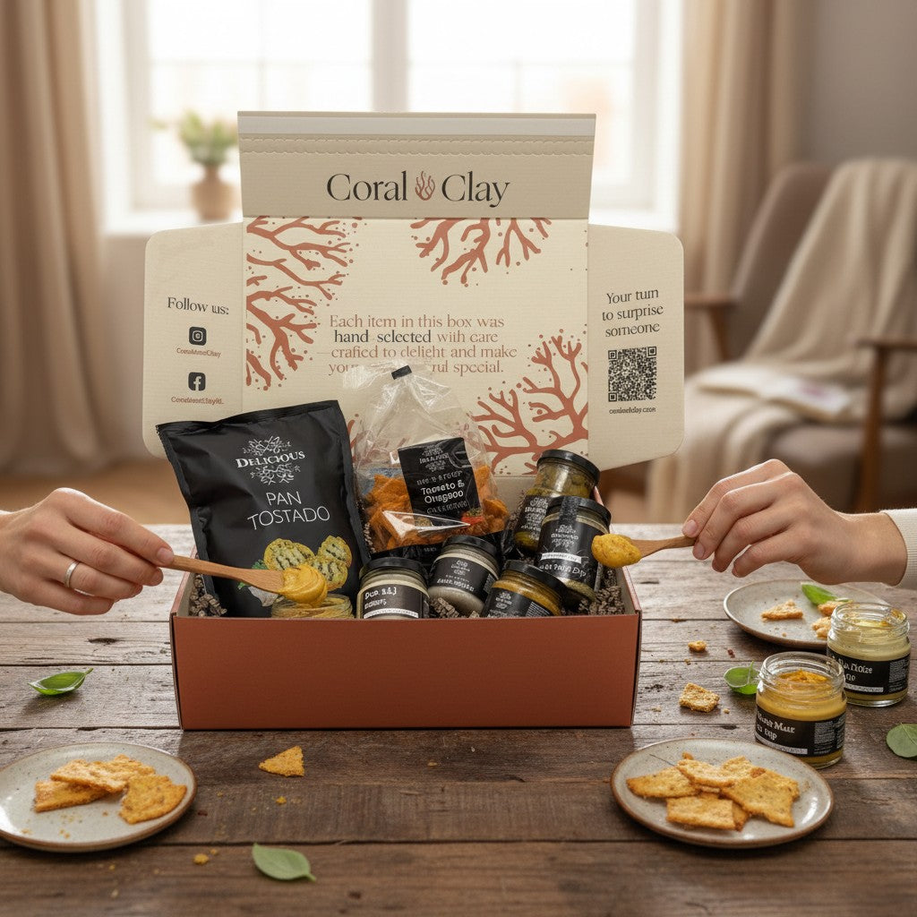 Dutch Borrel Signature Gift — cosy lifestyle scene with crackers and dips being served, displayed in an open Coral & Clay gift box.
