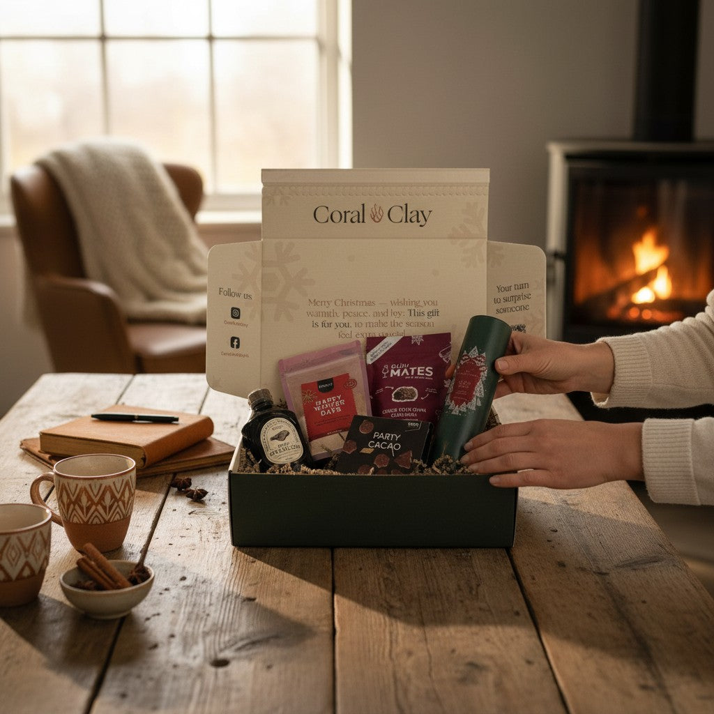 Lifestyle scene of the Christmas Scents Signature Gift being opened, showing festive winter treats inside a Coral & Clay Christmas box in a cosy living room with fireplace.