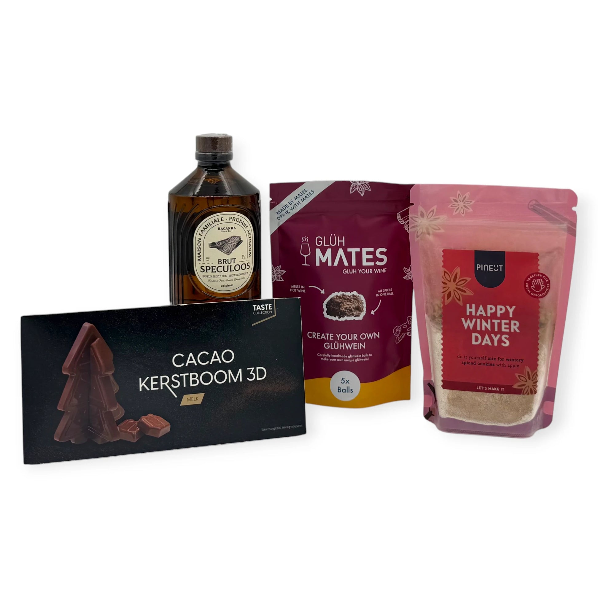 Christmas Delight Signature Gift contents featuring Brut Speculoos syrup, Glüh Mates glühwein mix, Happy Winter Days cookie mix, and a 3D cacao Christmas tree chocolate.