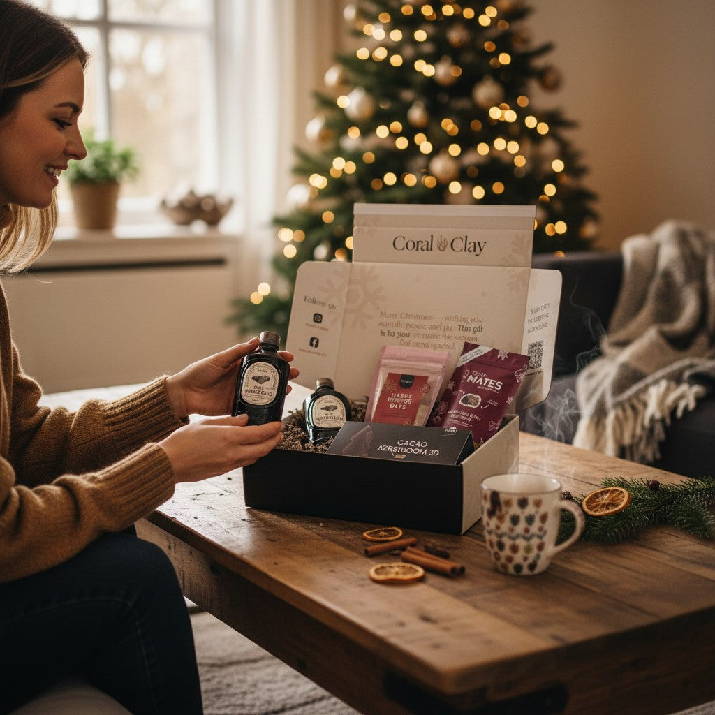 Christmas Delight Signature Gift in a warm festive setting with a decorated Christmas tree, showing a recipient opening the box filled with winter treats and seasonal drink mixes.