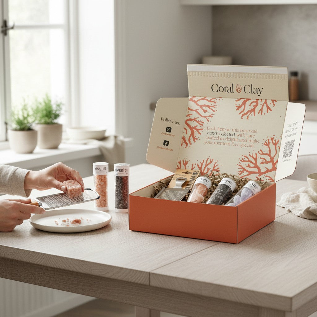 Lifestyle scene showing Rivsalt Crystal Colours gift set in an open Coral & Clay box, with hands grating a pink salt rock over a plate and the salt rock tubes and grater displayed on a kitchen counter.
