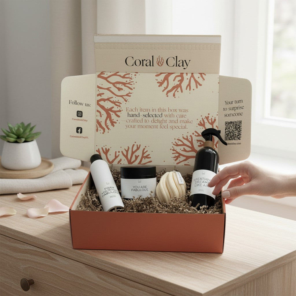 Feel-Good Signature Gift being unboxed, featuring Leeff Fabulous Fig self-care products and a Studio Amava sponge presented in a Coral & Clay Signature box.