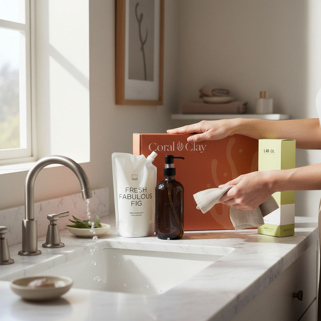 Lifestyle scene of the Signature Hands & Home gift set on a bathroom counter, with running tap water and a person wiping the surface, featuring the Coral & Clay gift box, hand soap refill, soap dispenser, and home perfume.
