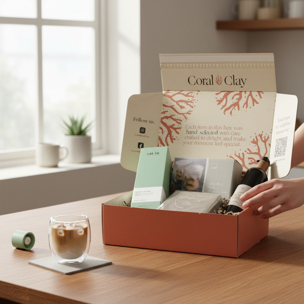 Home Haven Signature Gift open on a kitchen counter with sunlight coming through the window, showing the contents arranged inside the Coral & Clay box while a coffee sits nearby.