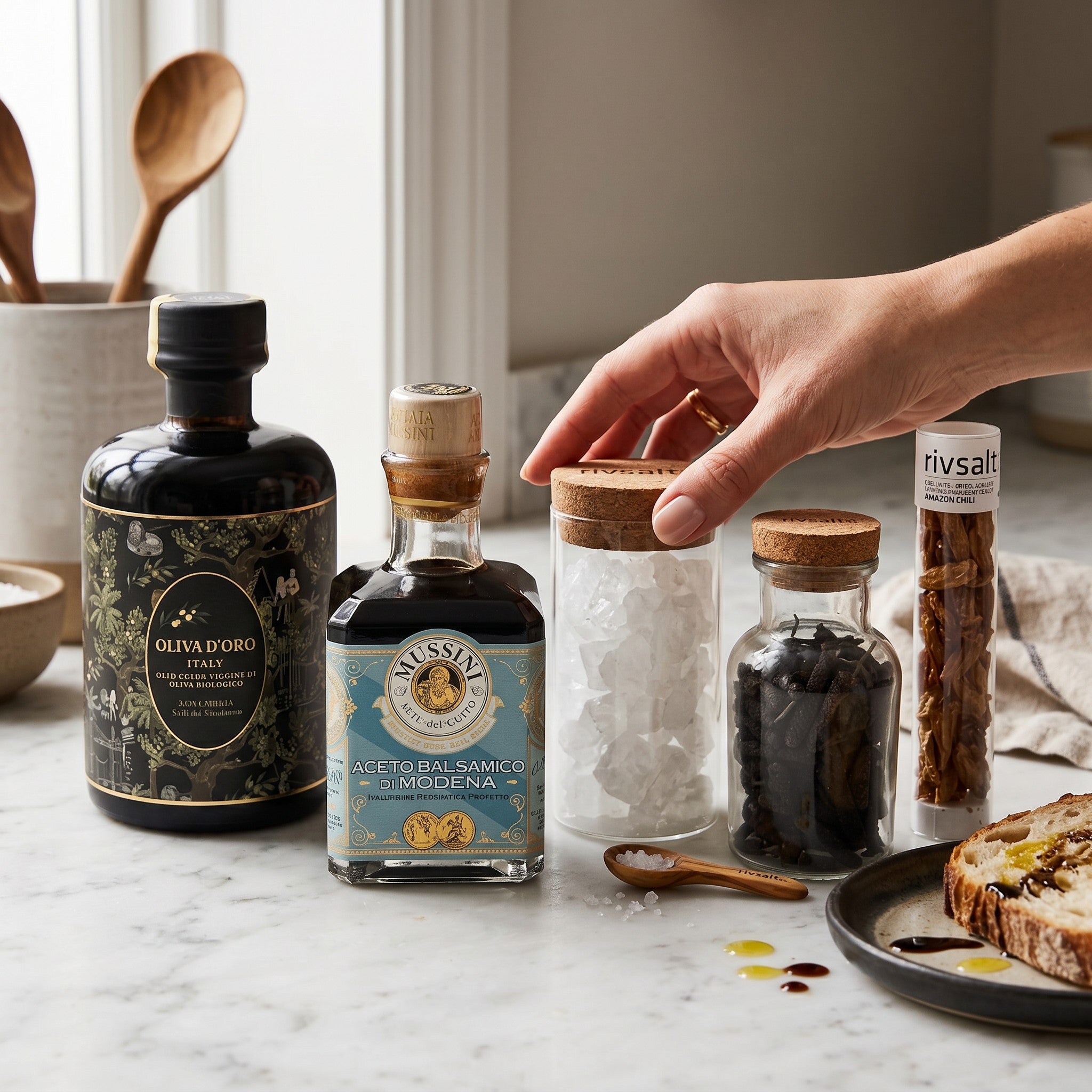 Coral & Clay Premium Kitchen Essentials Signature Gift staging photo – hand reaching for Rivsalt Amazon Chili spice jar on a kitchen counter with Mussini Modena balsamic vinegar, Oliva D’Oro olive oil, Rivsalt pasta salt and Java Long Pepper beside a plate of food.
