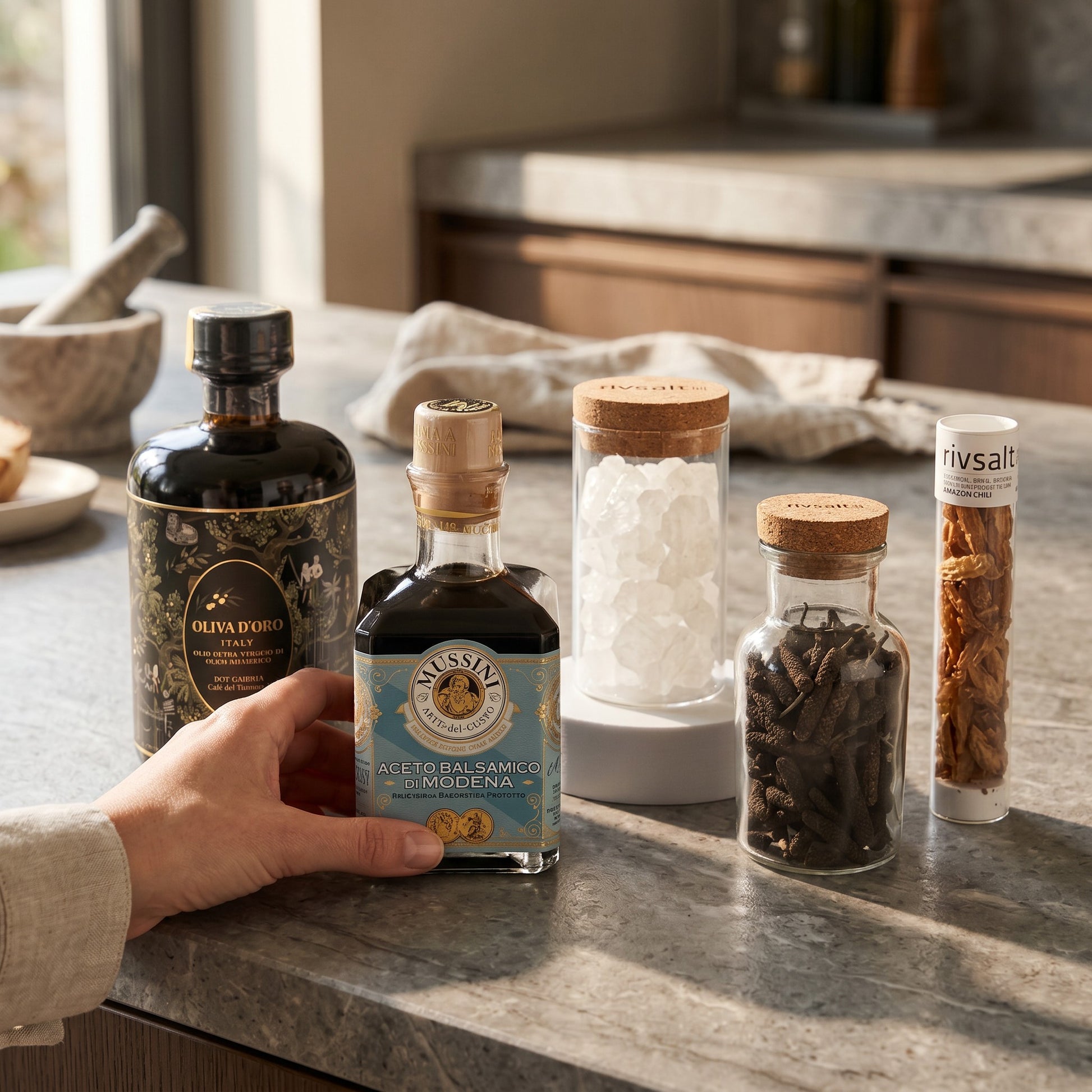 Coral & Clay Premium Kitchen Essentials Signature Gift staging photo – hand holding Mussini Modena balsamic vinegar bottle on a kitchen counter with Oliva D’Oro olive oil, Rivsalt Pasta Salt, Amazon Chili and Java Long Pepper next to food.