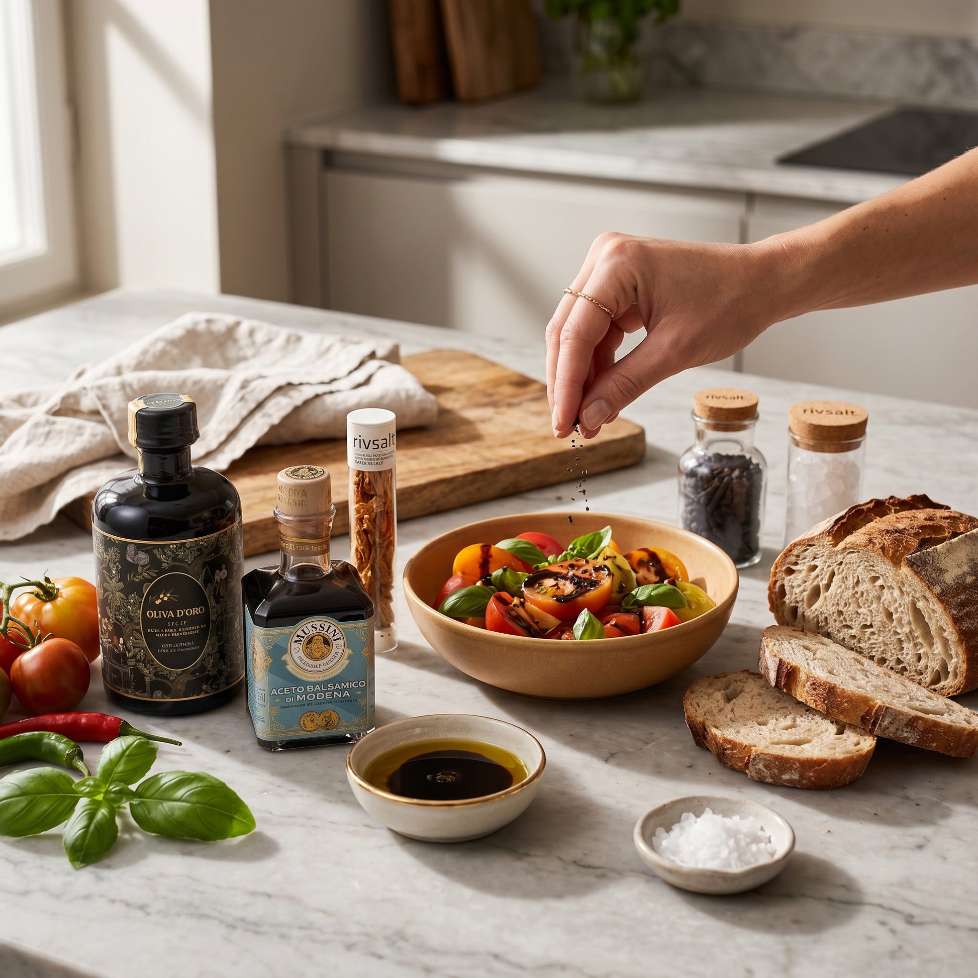 Coral & Clay Premium Kitchen Essentials Signature Gift staging photo – Mussini Modena balsamic vinegar, Oliva D’Oro olive oil and Rivsalt Pasta Salt, Amazon Chili, Java Long Pepper on a kitchen counter.