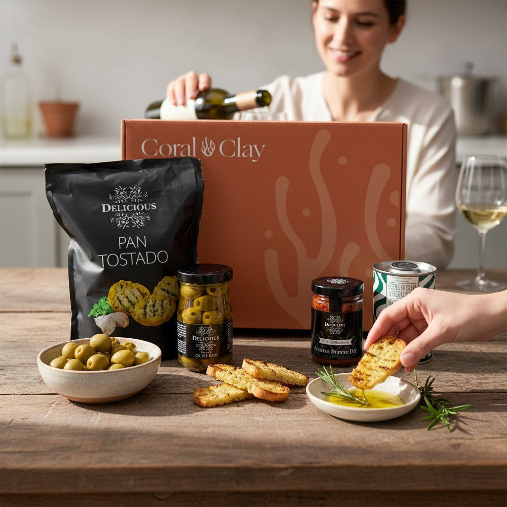 Lifestyle scene of the Taste of Spain gift box on a wooden kitchen table with bowls of olives, garlic crispbread dipped in olive oil, and someone pouring wine in the background.