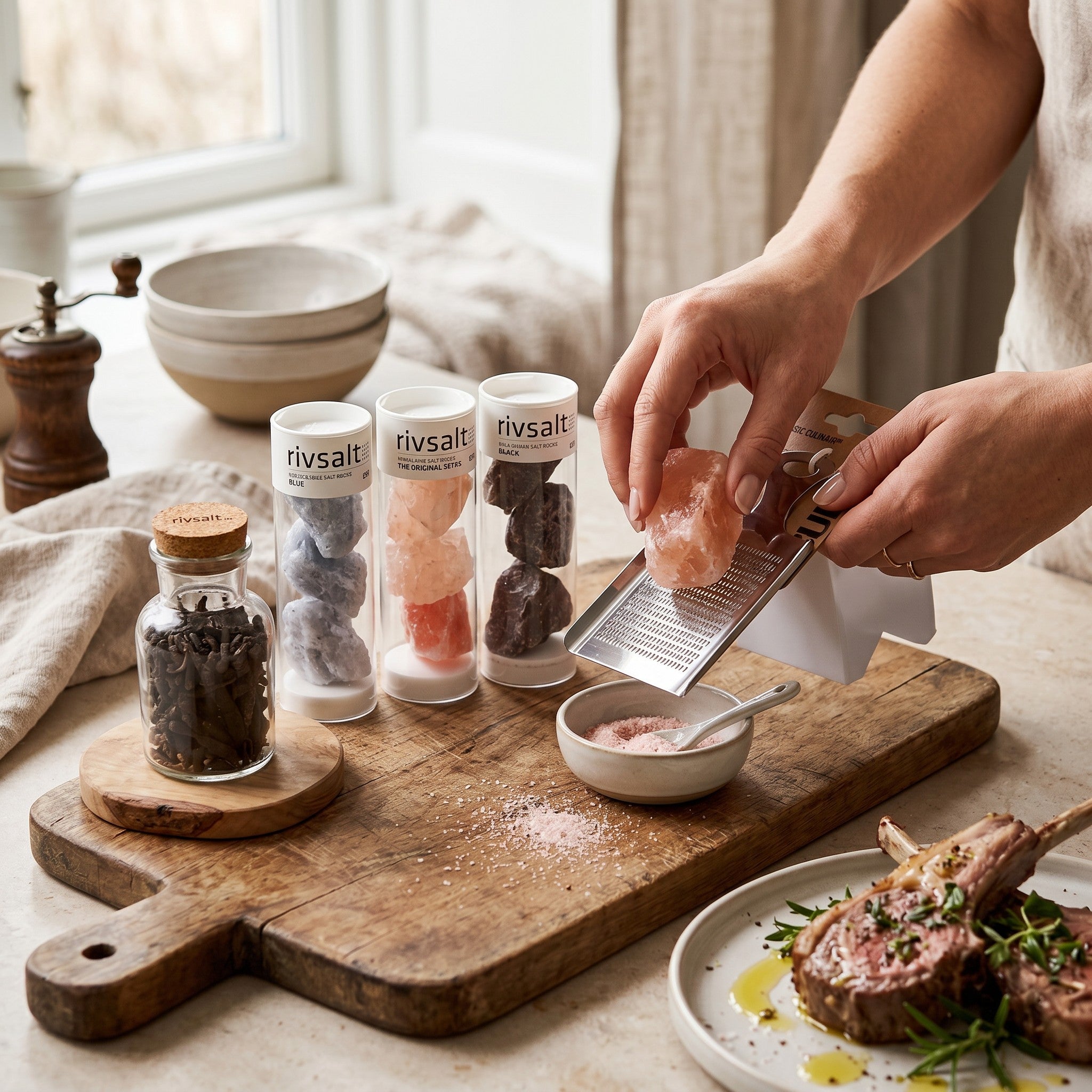 Coral & Clay Spiceworks Signature Gift lifestyle photo – seasoning food on a wooden cutting board using Rivsalt gourmet salts with a stainless-steel grater, Amazon Chili and Java Long Pepper.