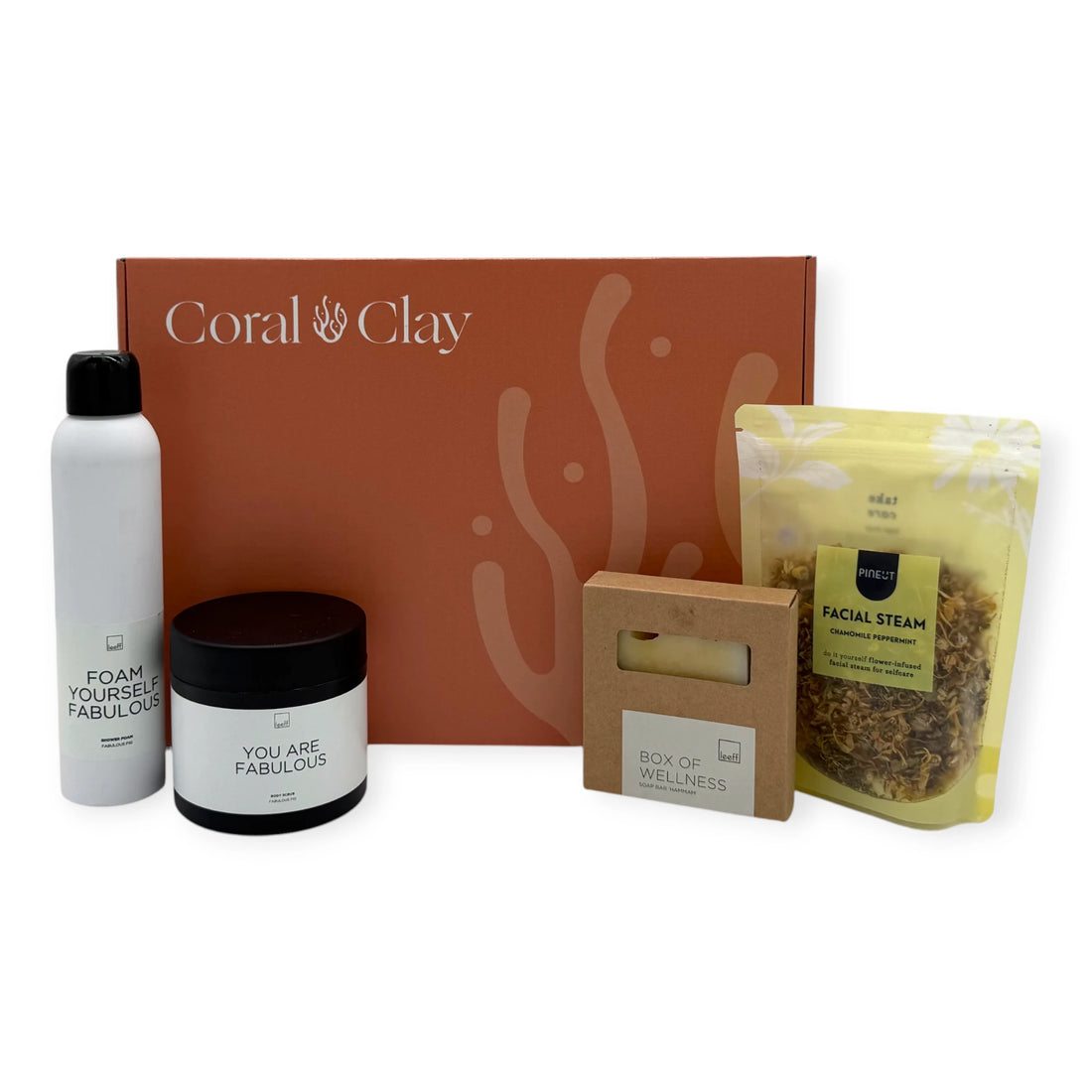 Signature Wellness Ritual gift box displayed with Leeff pampering essentials and Pineut Facial Steam on a Coral & Clay Signature box.
