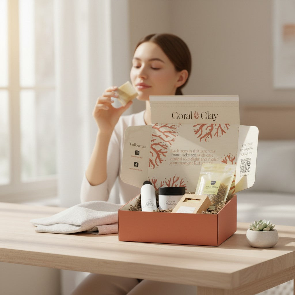 Lifestyle scene of the Signature Wellness Ritual gift box being opened, showing Leeff pampering products and Pineut Facial Steam in a warm, relaxed home setting.