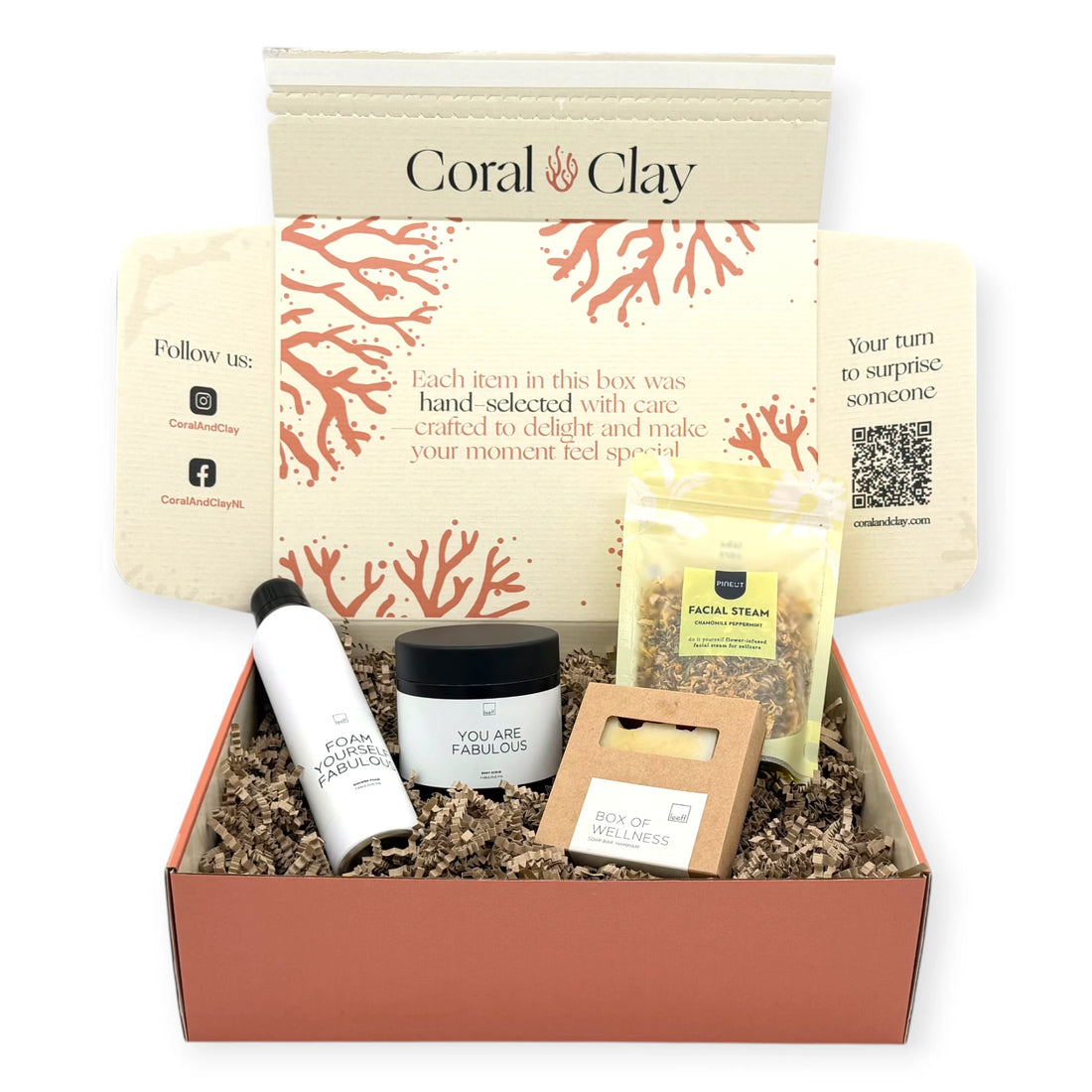 Signature Wellness Ritual gift box displayed with Leeff pampering essentials and Pineut Facial Steam on a Coral & Clay Signature box.