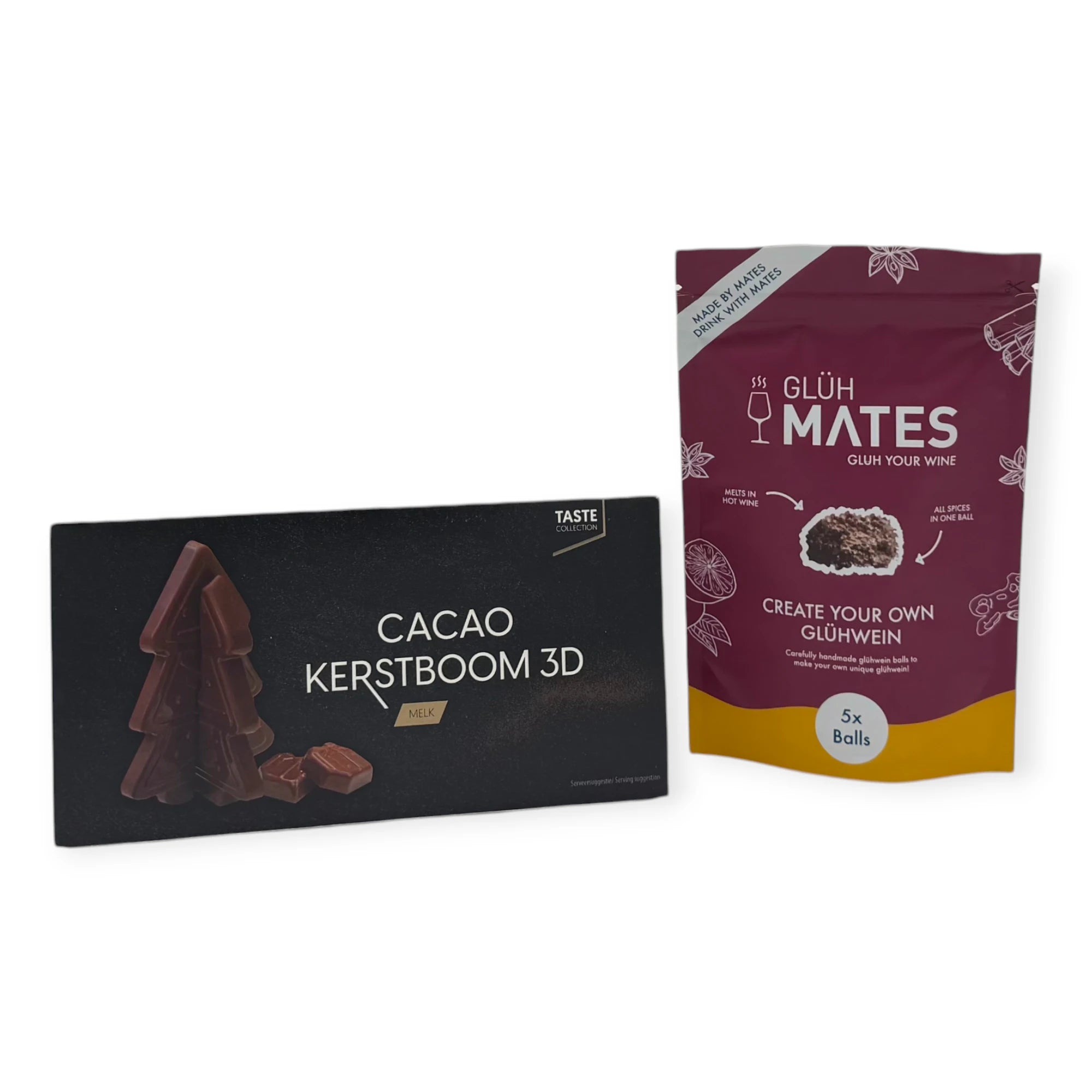 Contents of the Coral & Clay Festive Flavours Letterbox Gift featuring Glüh Mates glühwein mix and a 3D milk chocolate Christmas tree.