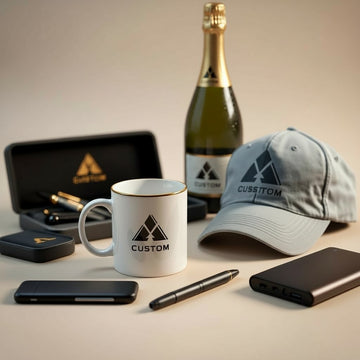 Range of custom branded promotional products laid out on a neutral surface that can be included in a Coral & Clay corporate gift box. 