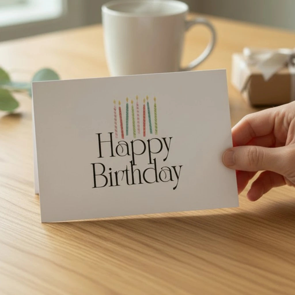 Happy Birthday greeting card with colourful candle illustrations, held on a wooden table