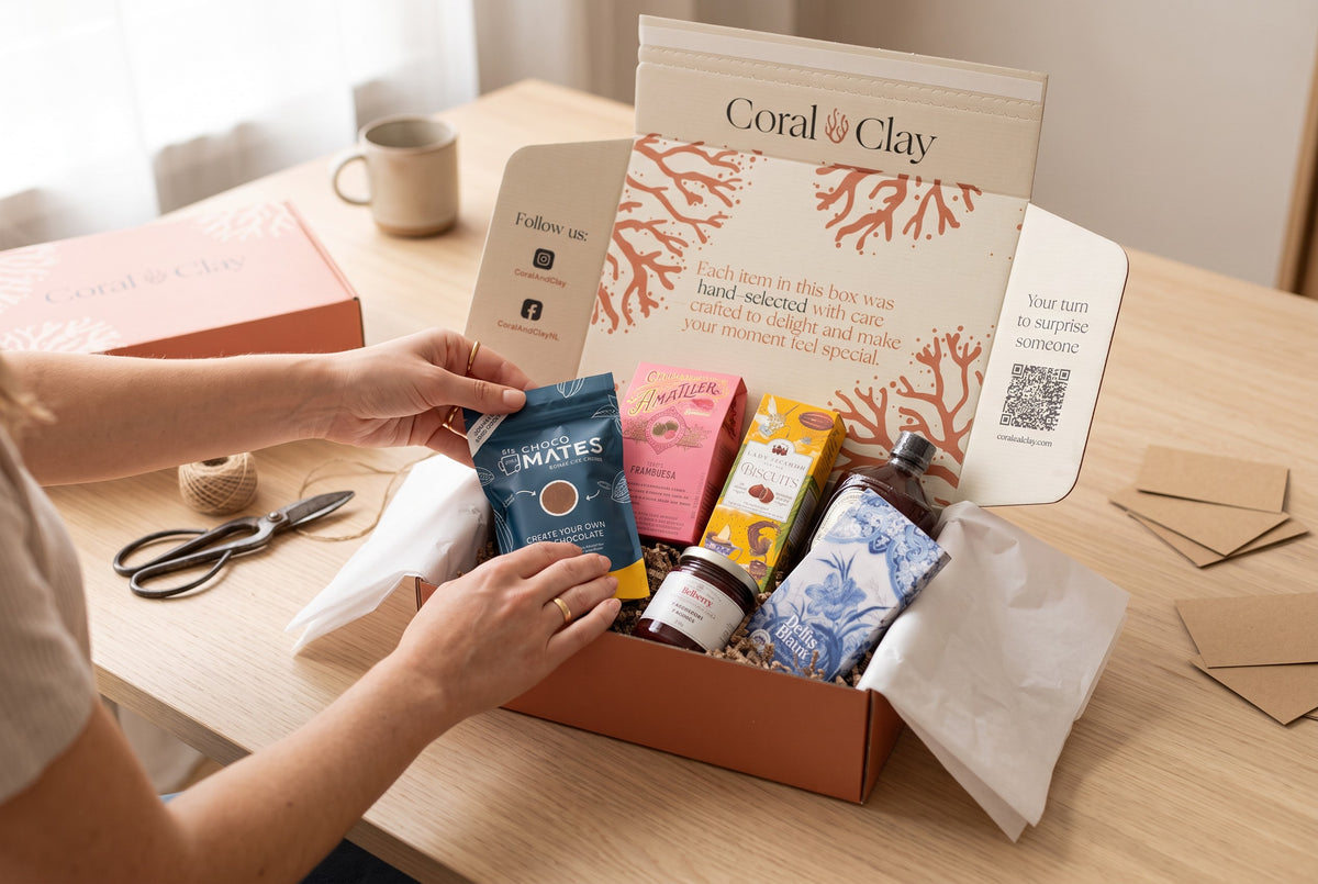 Een Coral &amp; Clay cadeaubox wordt ingepakt