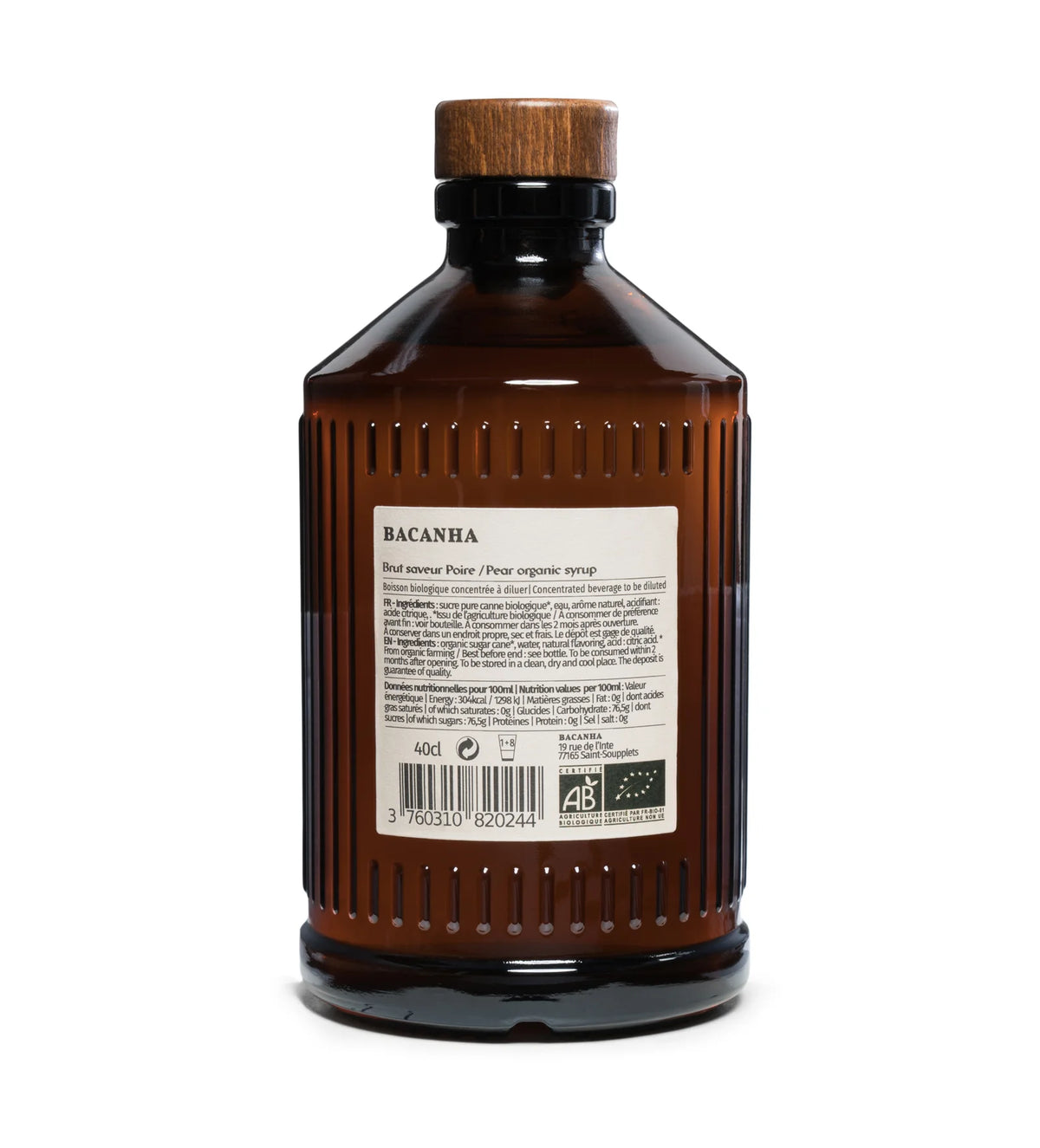 Bacanha Organic Pear Syrup bottle back label